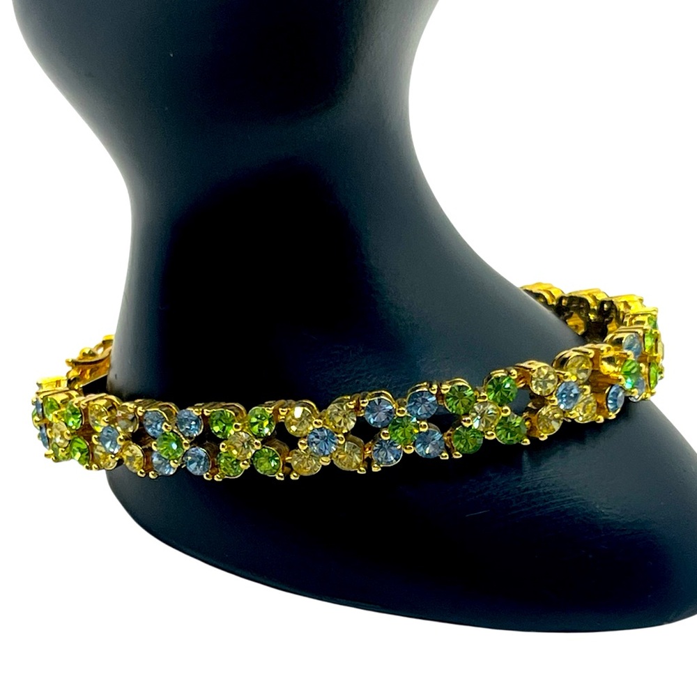 Joan Rivers Gold plated Rhinestone flower Tennis bracelet green blue vintage